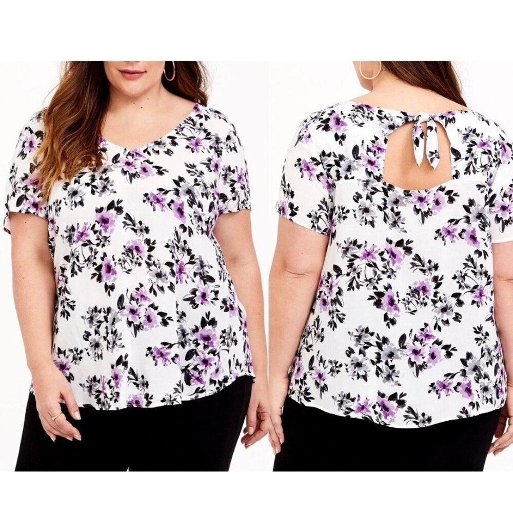 Torrid 1 (1X) Purple White Floral Abbey Challis Tie Back Cutout Blouse Top